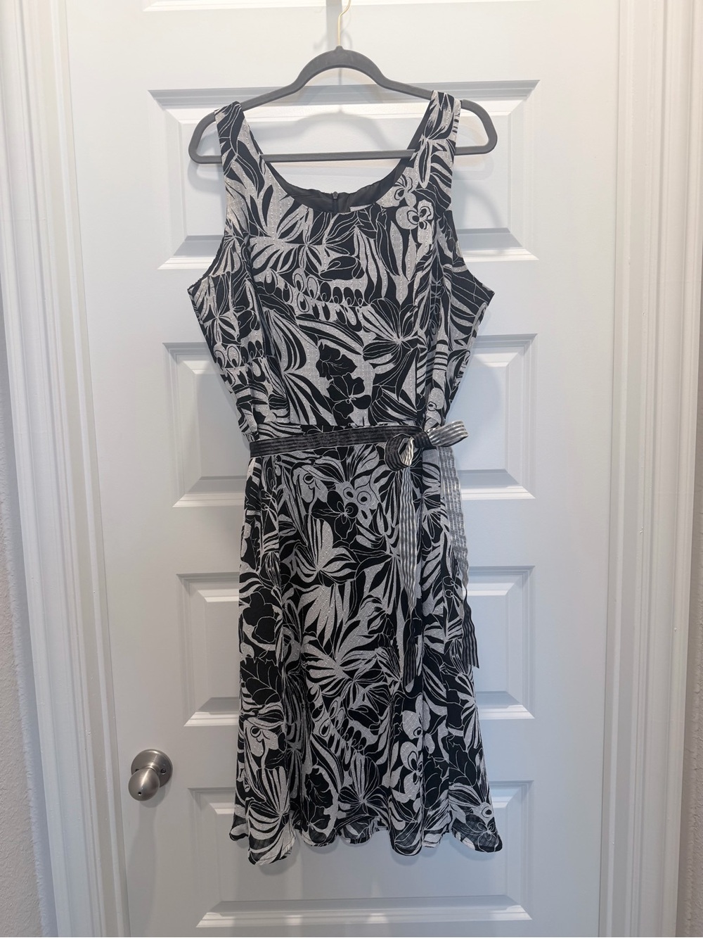 Perceptions Black & White Floral Belted Midi Dress with Scoop Neck
